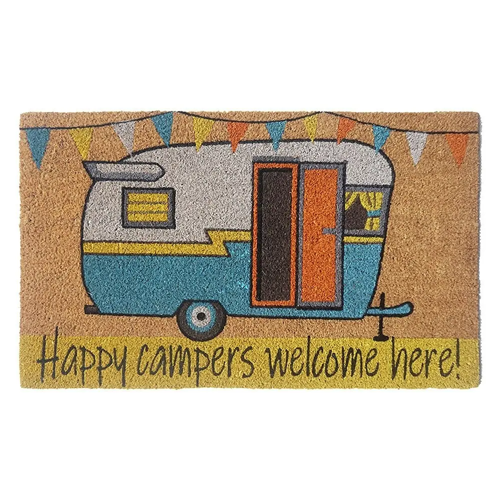 Solemate PVC Backed Coir Happy Camper 45x75cm Slim Outdoor Stylish Doormat - Home & Garden