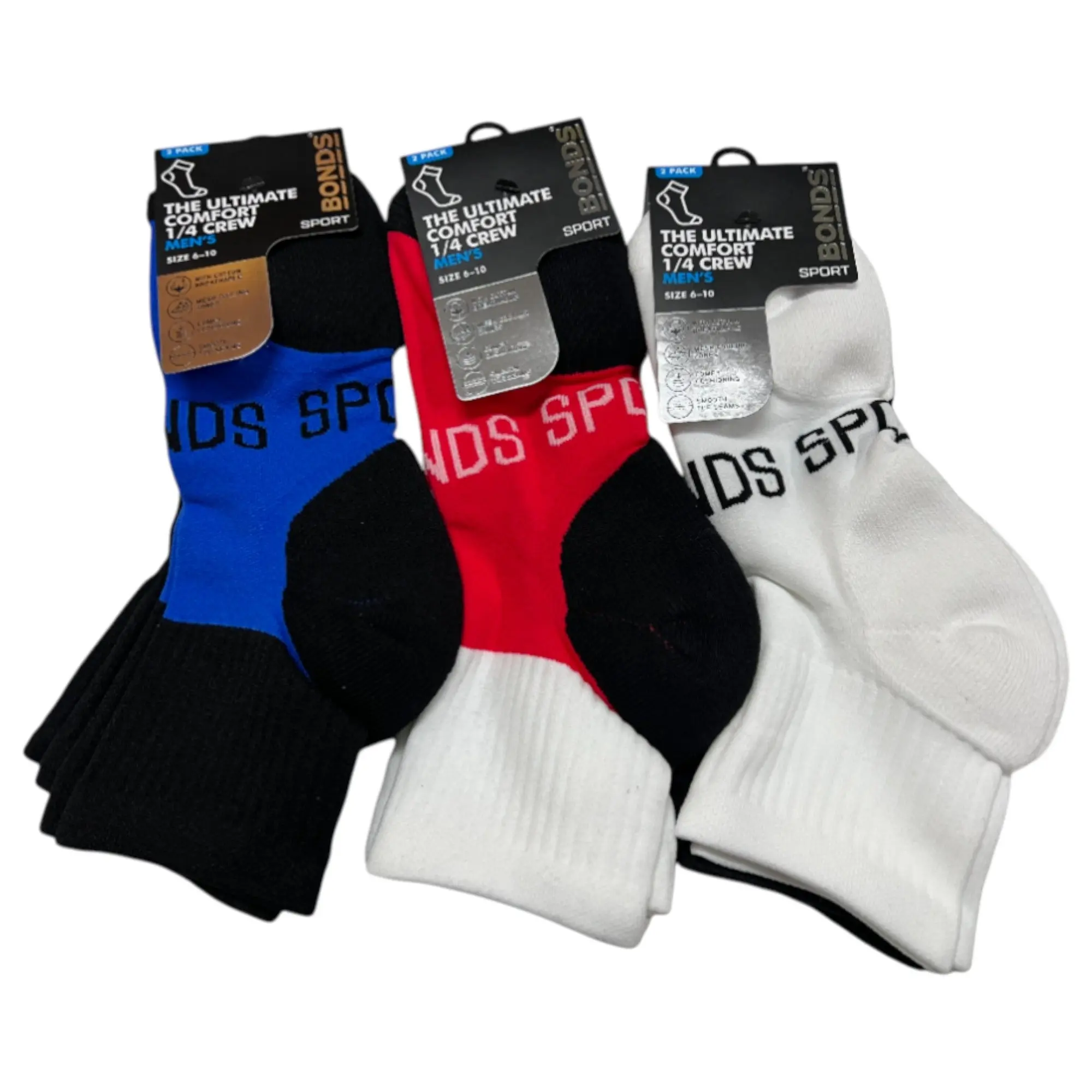 6 x Bonds Mens Ultimate Comfort Quarter Crew Sport Socks Assorted - Fashion