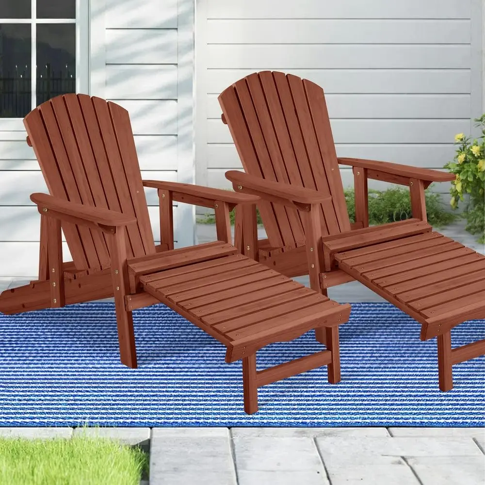 Alfordson 2x Outdoor Chairs Wooden Adirondack w/ Ottoman Patio Beach Garden Brown - Up to 65% off Outdoor Furniture