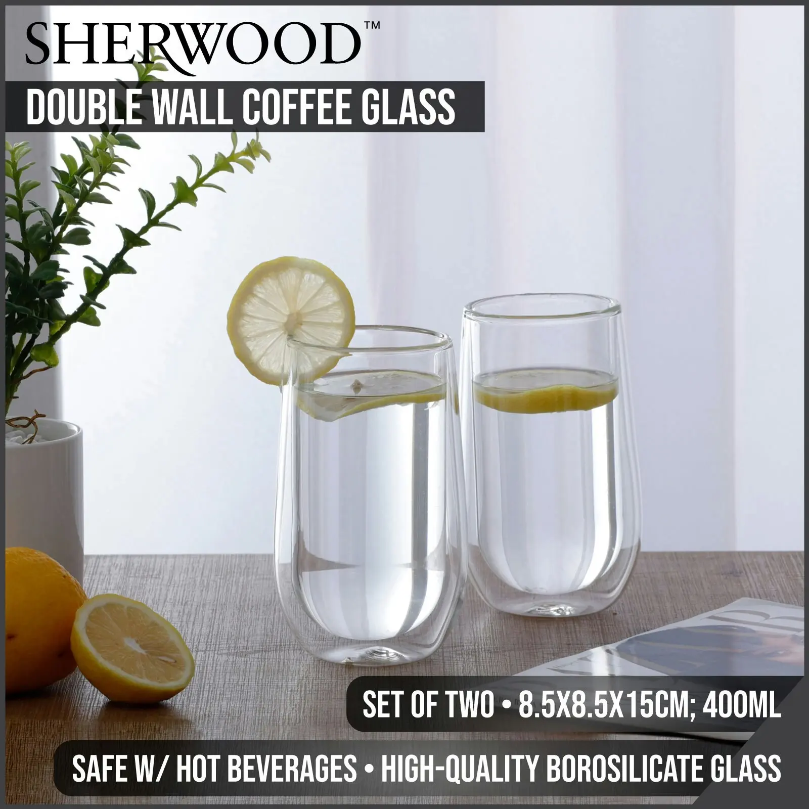 Sherwood Home Double Wall Coffee Glass Set of 2 x 400ml Cups - Home & Garden