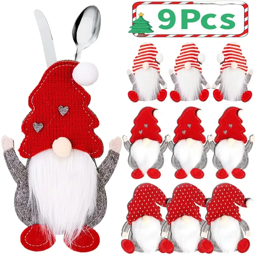 9pcs Christmas Decor Gnome Knife And Fork Set Faceless Old Man Cutlery Set - Home & Garden