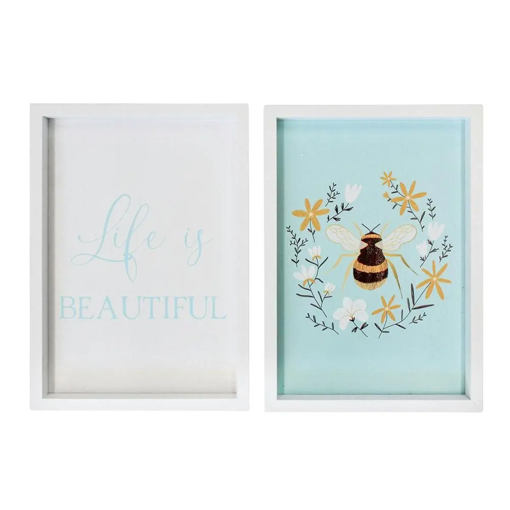2PK Life Is Beautiful Bee 28cm MDF Sign Wall Hanging Message Set Home Decor - Home & Garden