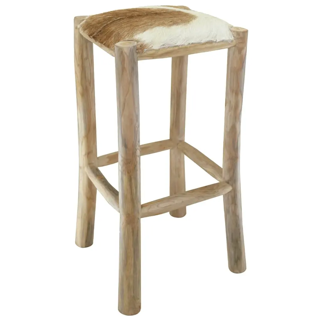 Bar Stool Goatskin Leather and Solid Teak Wood 244544 - Furniture
