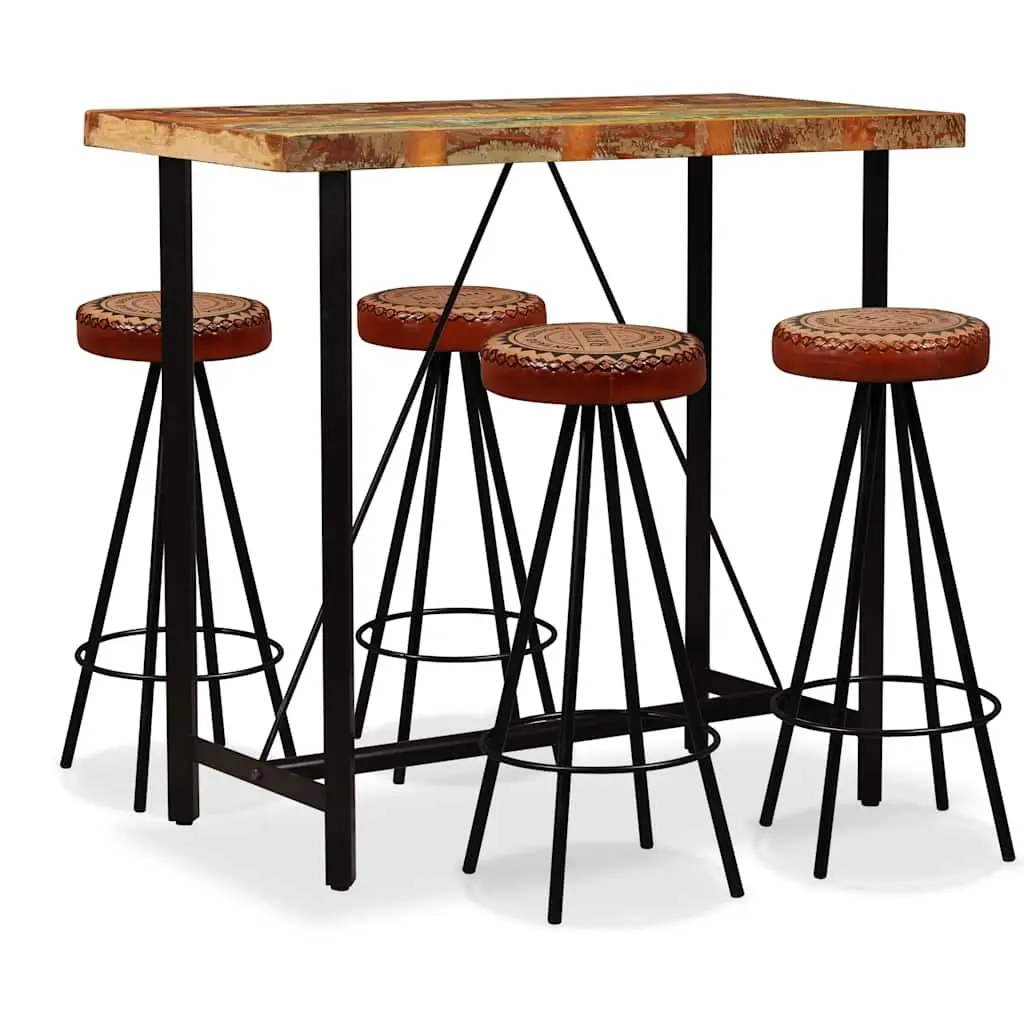 Bar Set 5 Pieces Solid Wood Reclaimed. Genuine Leather & Canvas 275144 - Furniture