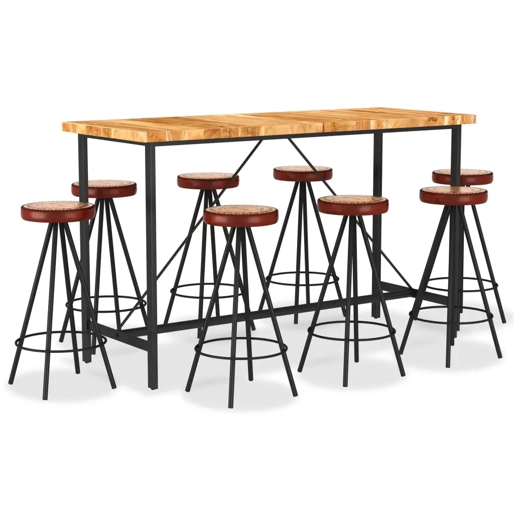 9 Piece Bar Set Solid Acacia Wood. Genuine Leather & Canvas 3053443 - Furniture