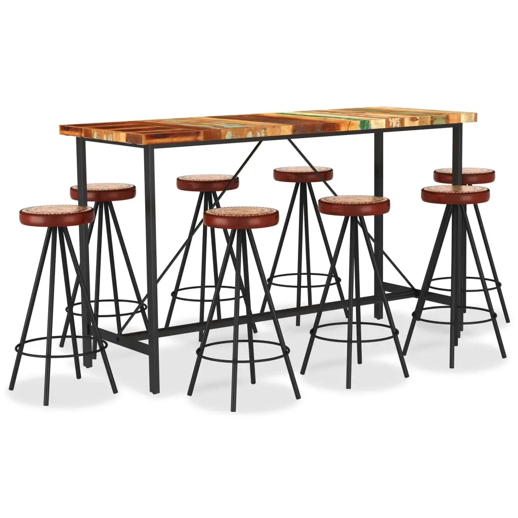 9 Piece Bar Set Solid Reclaimed Wood Genuine Leather & Canvas 3053446 - Furniture