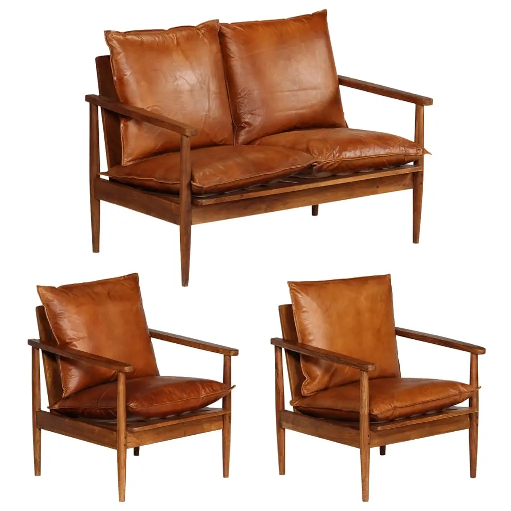 3 Piece Sofa Set Real Leather with Solid Wood Acacia Brown 3099031 - Furniture