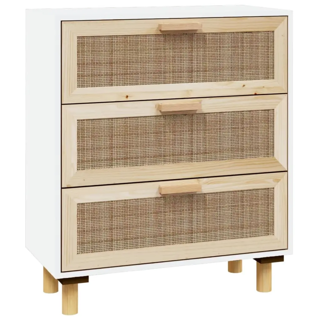 Sideboard White 60x30x70 cm Solid Wood Pine and Natural Rattan 345633 - Furniture