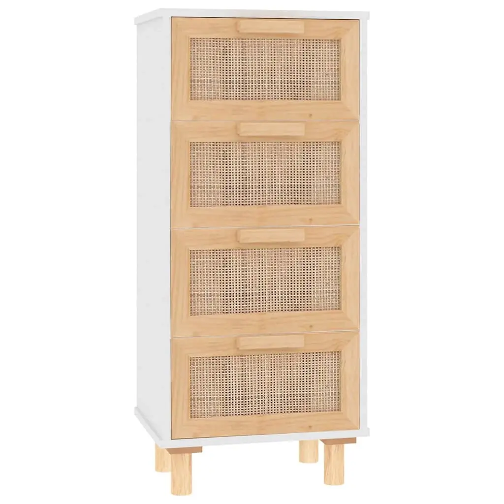 Sideboard White 40x30x90 cm Solid Wood Pine and Natural Rattan 345642 - Furniture