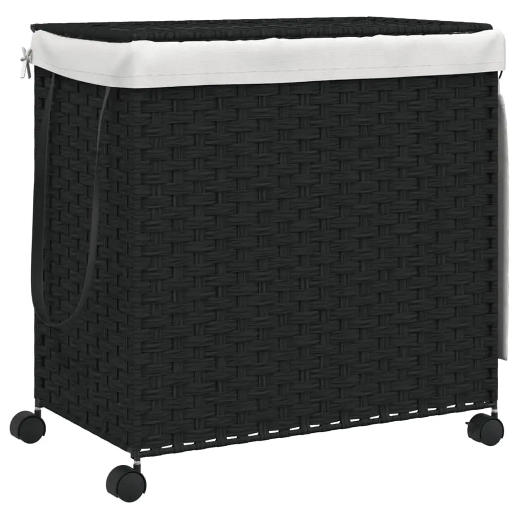 Laundry Basket with Wheels Black 60x35x60.5 cm Rattan 372042 - Home & Garden