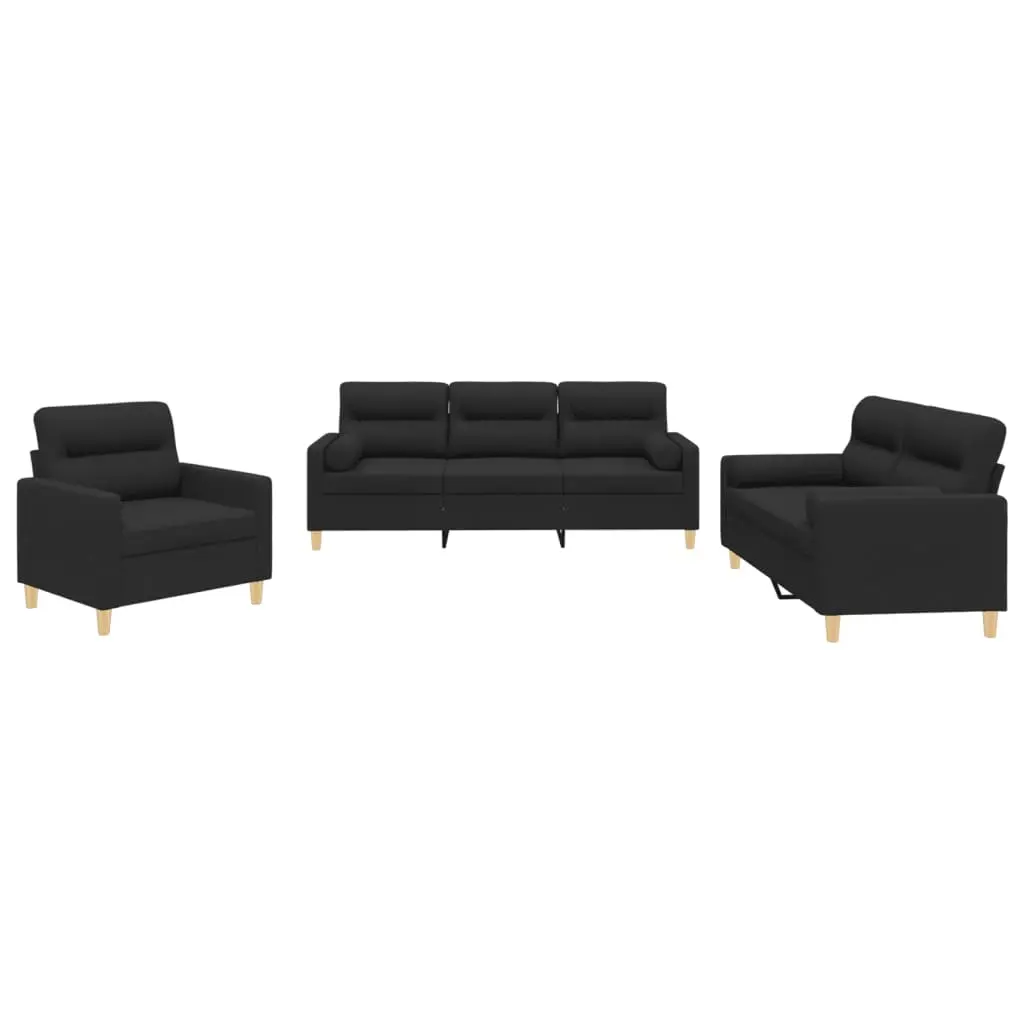 3 Piece Sofa Set with Pillows Black Fabric 3201556 - Furniture