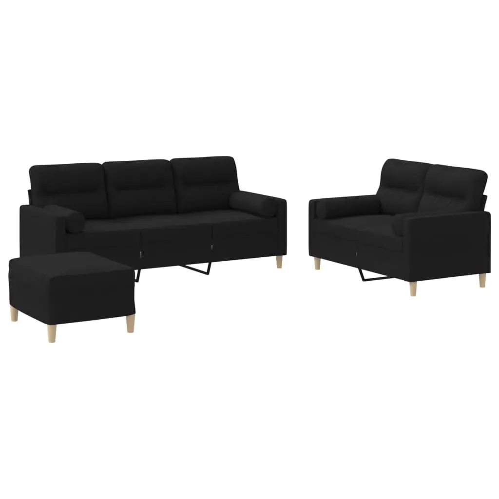 3 Piece Sofa Set with Pillows Black Fabric 3201628 - Furniture