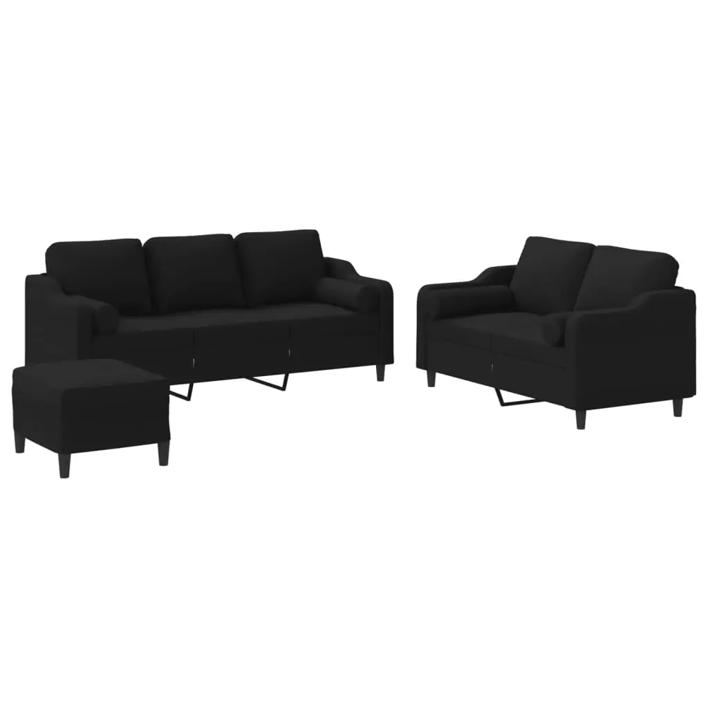 3 Piece Sofa Set with Pillows Black Fabric 3201862 - Furniture