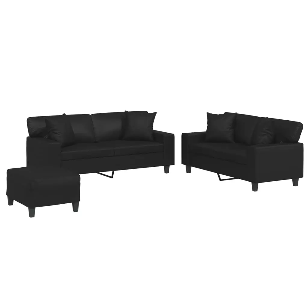 3 Piece Sofa Set with Pillows Black Faux Leather 3201929 - Furniture