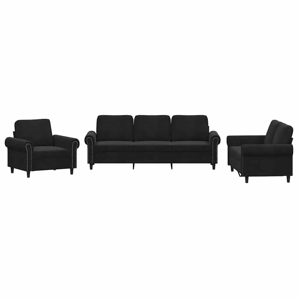 3 Piece Sofa Set with Cushions Black Velvet 3202175 - Furniture