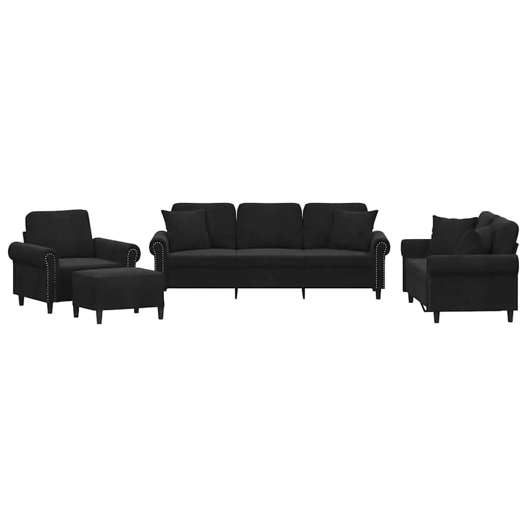 4 Piece Sofa Set with Pillows Black Velvet 3202205 - Furniture