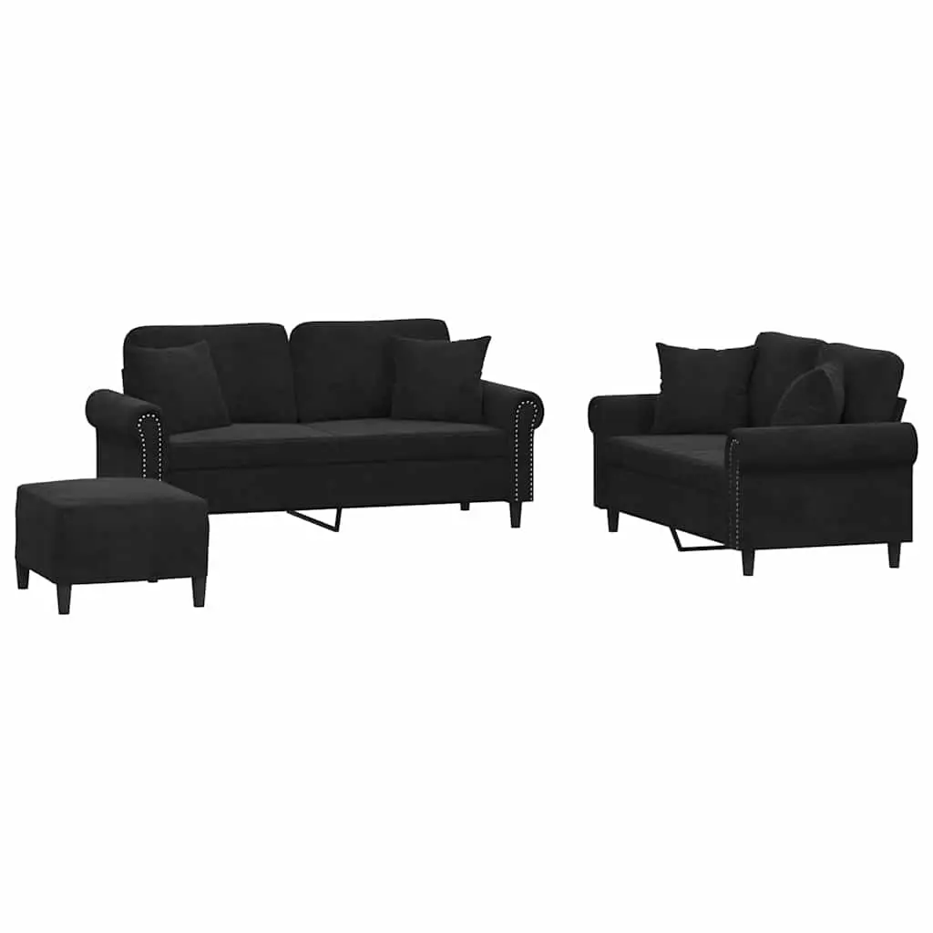 3 Piece Sofa Set with Pillows Black Velvet 3202245 - Furniture