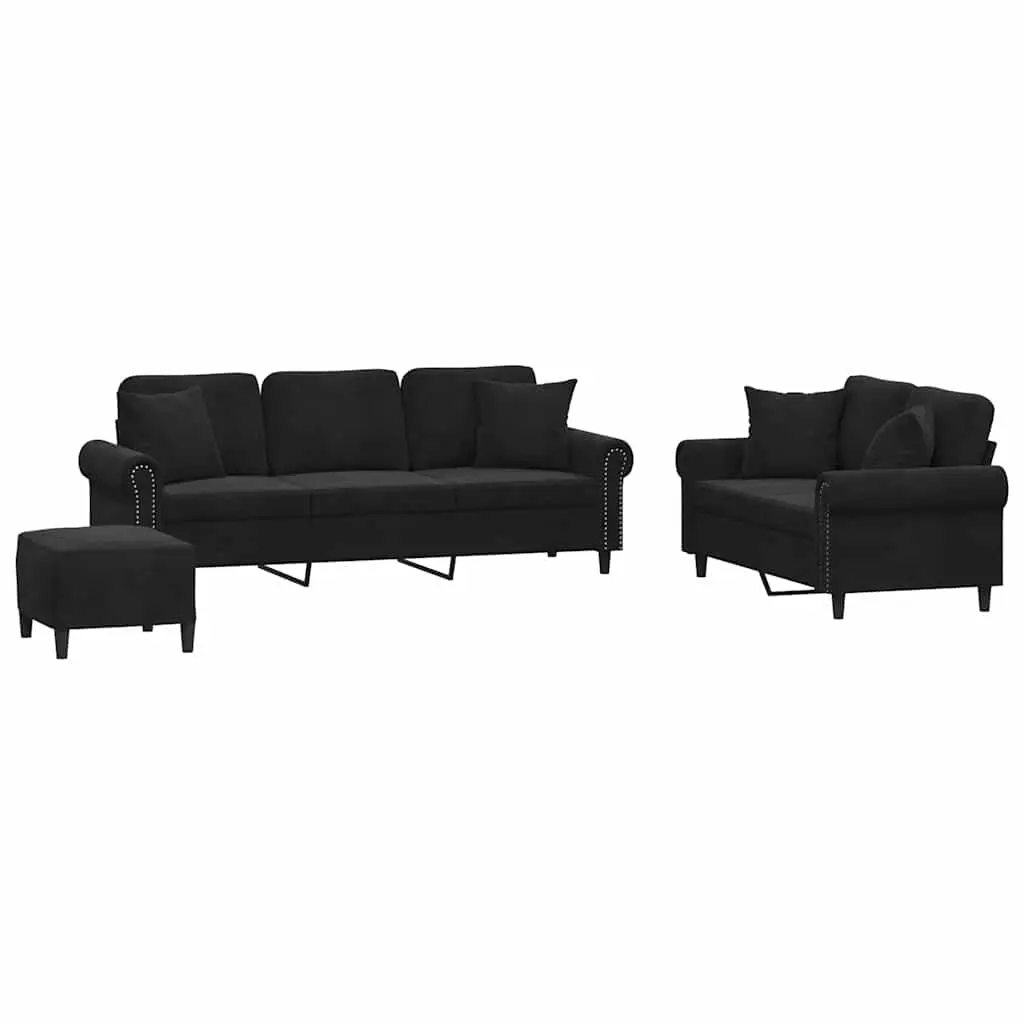 3 Piece Sofa Set with Pillows Black Velvet 3202285 - Furniture