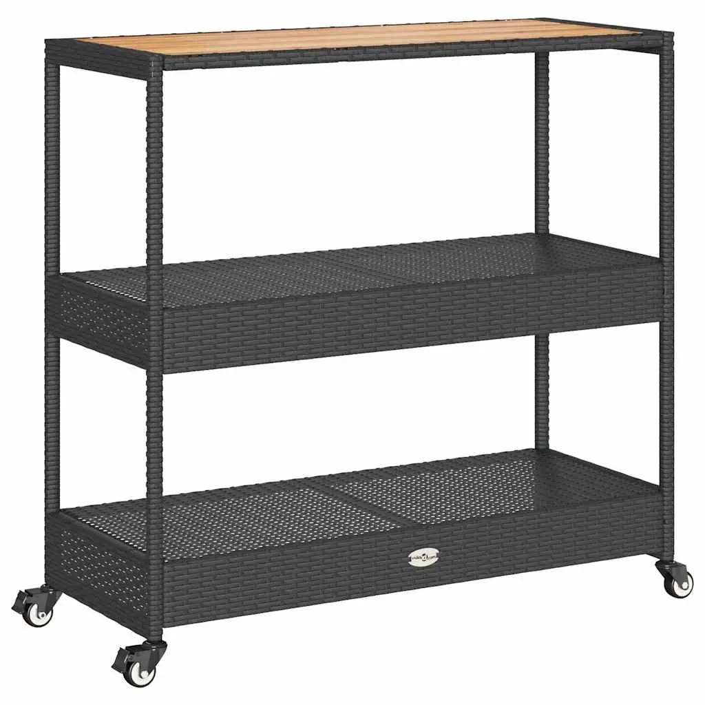 Bar Cart 3-Tier Black Poly Rattan and Solid Wood Acacia 368723