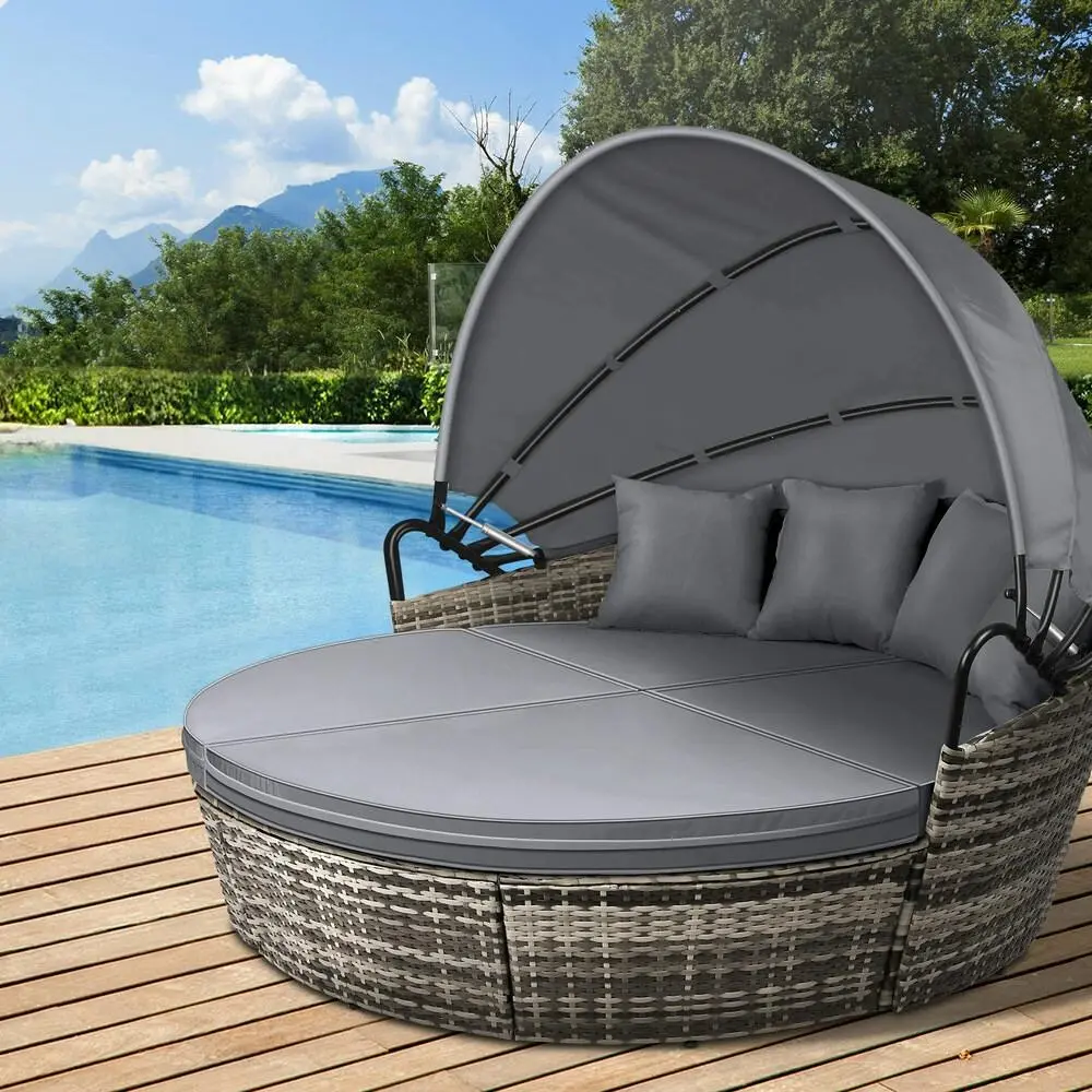 Alfordson Outdoor Sun Lounge Round Day Bed Wicker Furniture Grey - Up to 65% off Outdoor Furniture