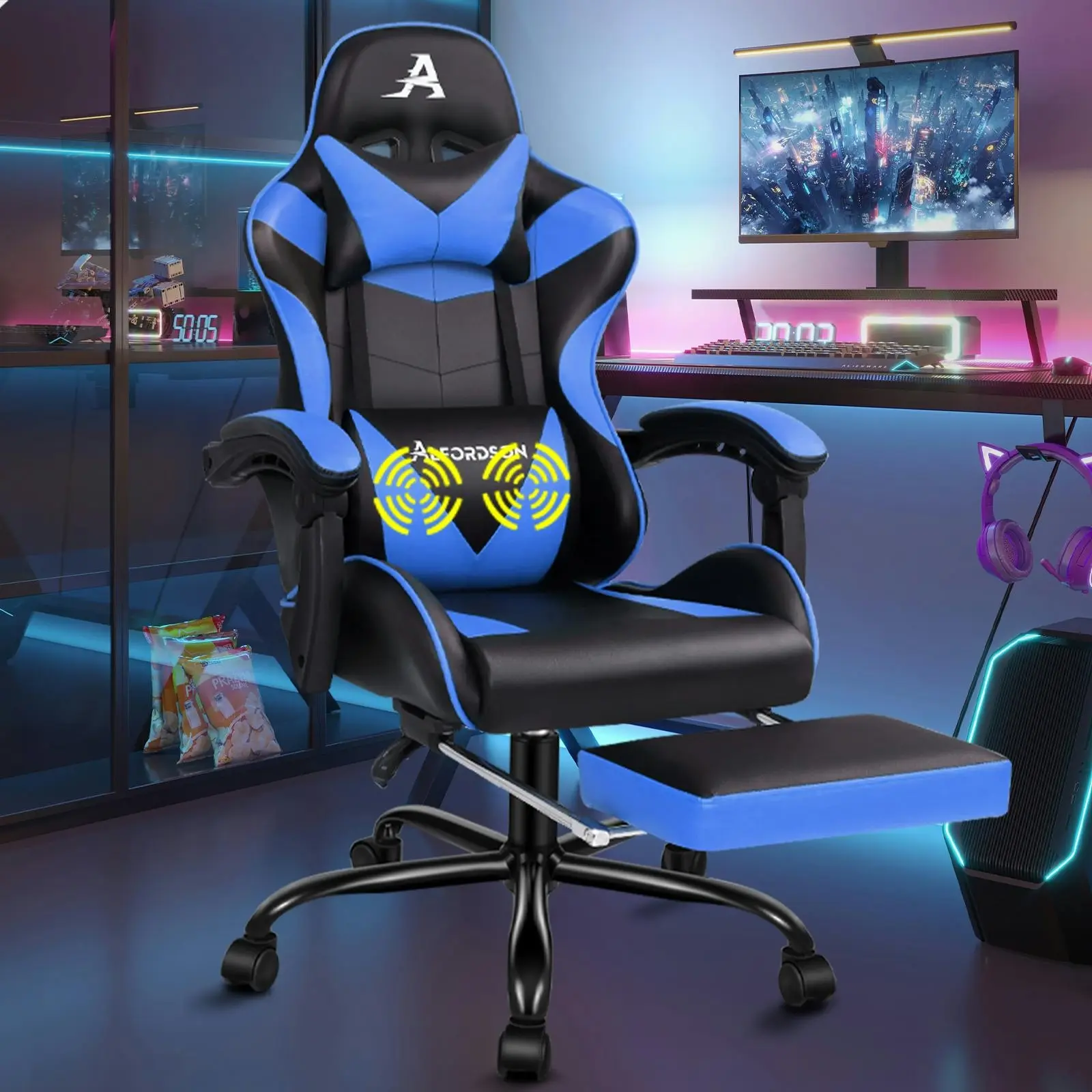 Alfordson Gaming Chair with Lumbar Massage Office Chair Black & Blue - Furniture