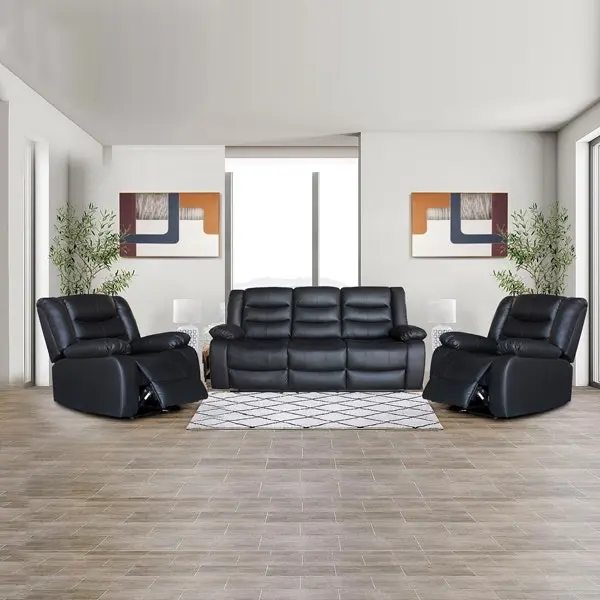 3+1+1 Seater Recliner Sofa In Faux Leather Lounge Couch in Black - Furniture