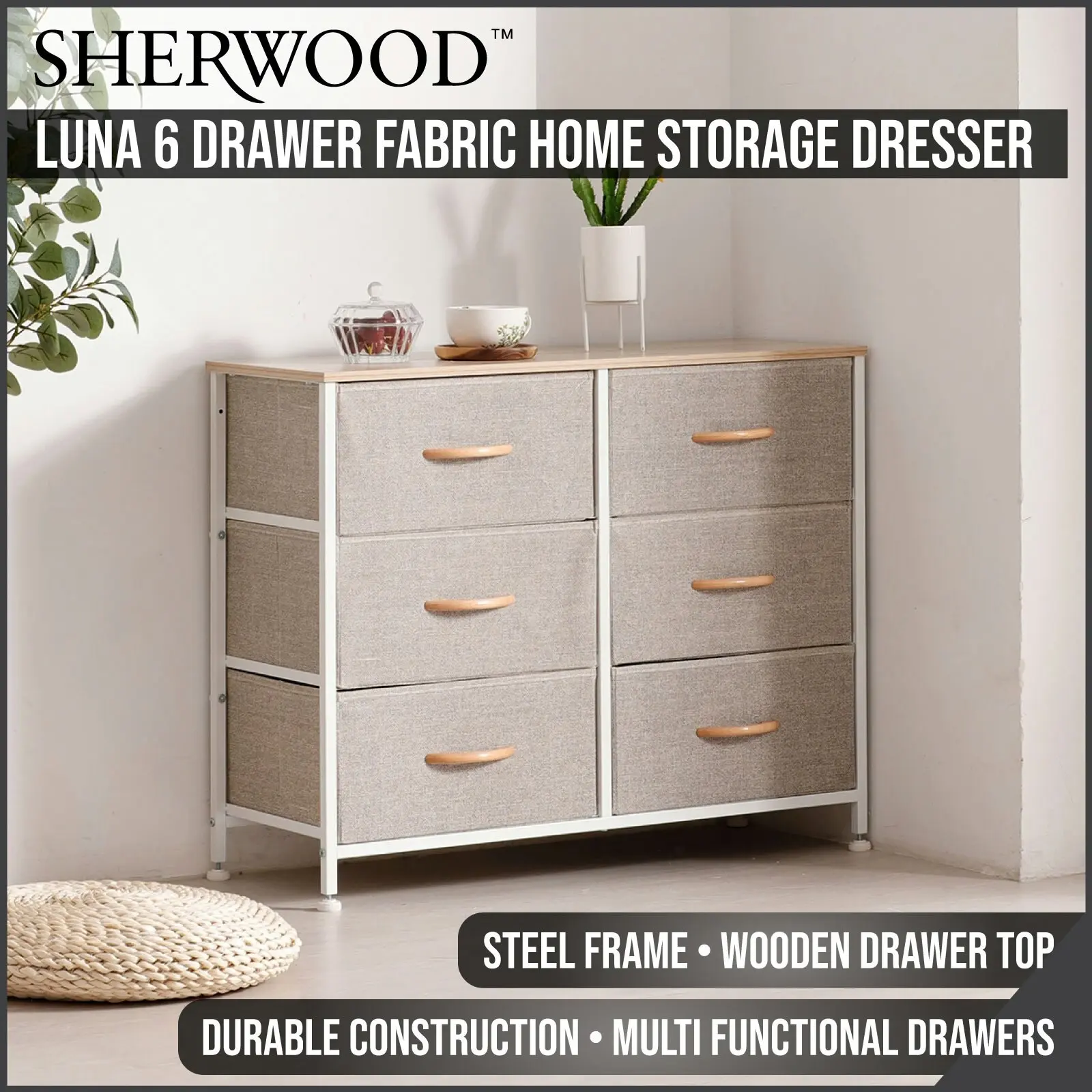 Sherwood Luna 6 Drawer Fabric Home Storage Dresser Cream - Furniture