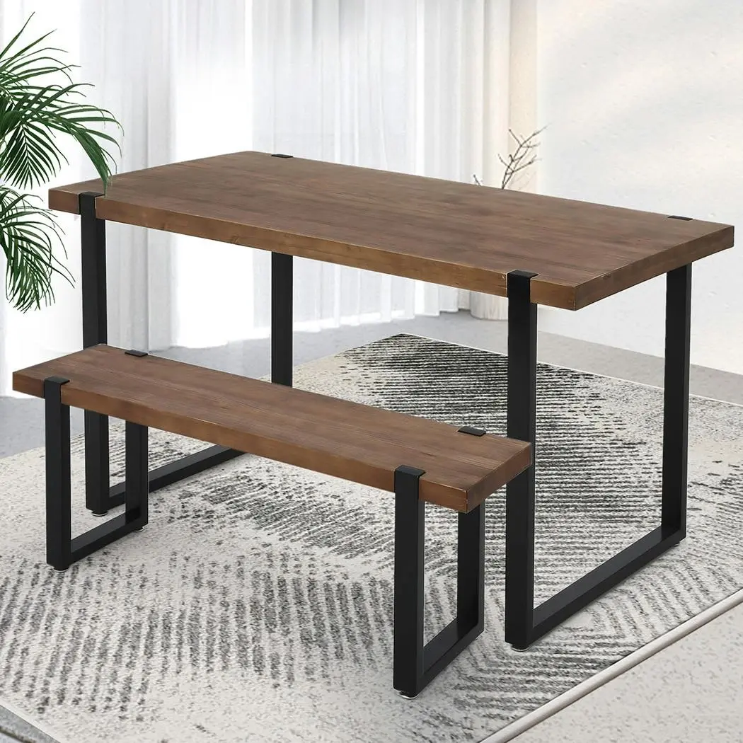 Levede Wooden Dining Sets 1XTable+2X Bench Chair Metal Industrial Restaurant - Furniture