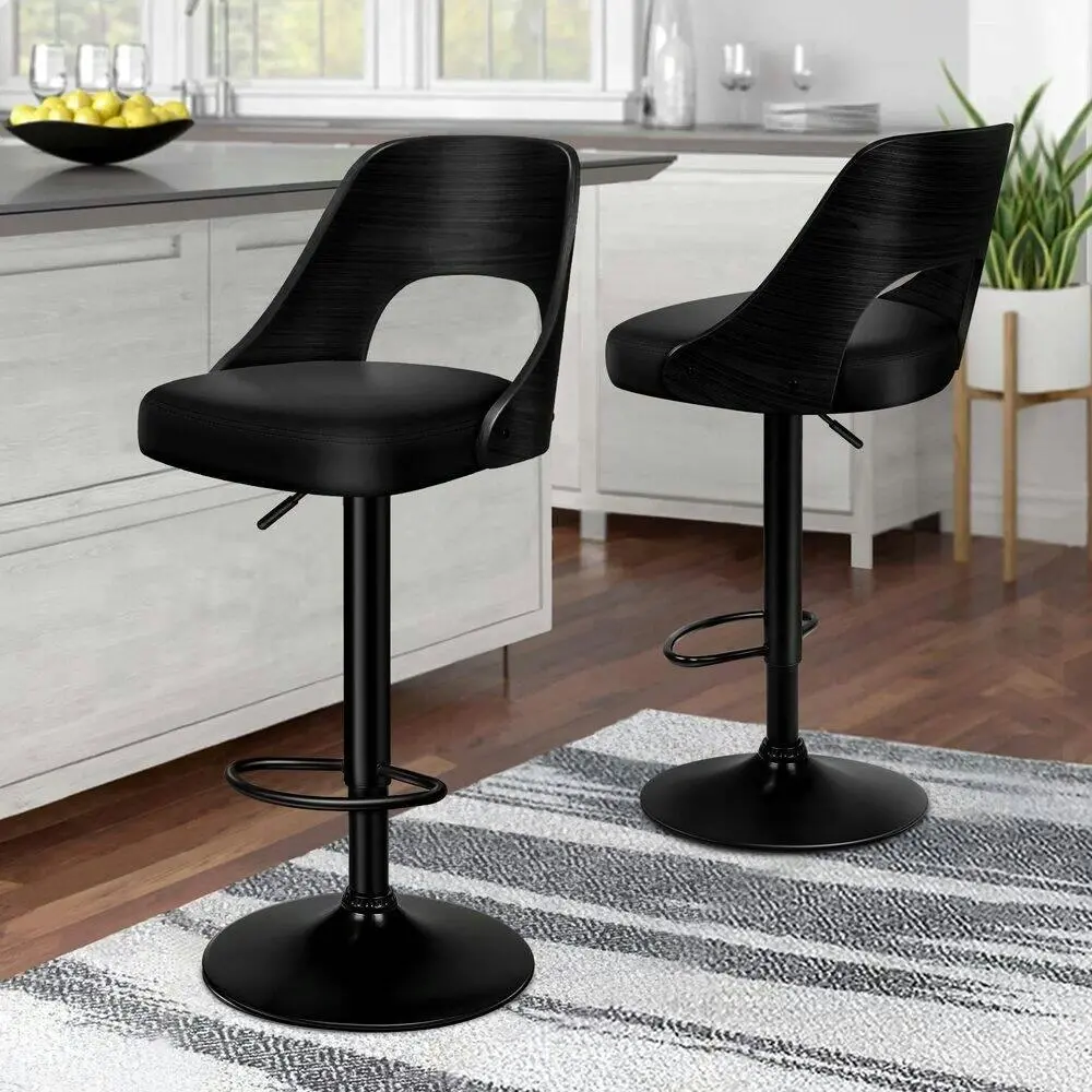 Alfordson 1x Bar Stool Kitchen Swivel Chair Wooden Leather Gas Lift All Black - Furniture