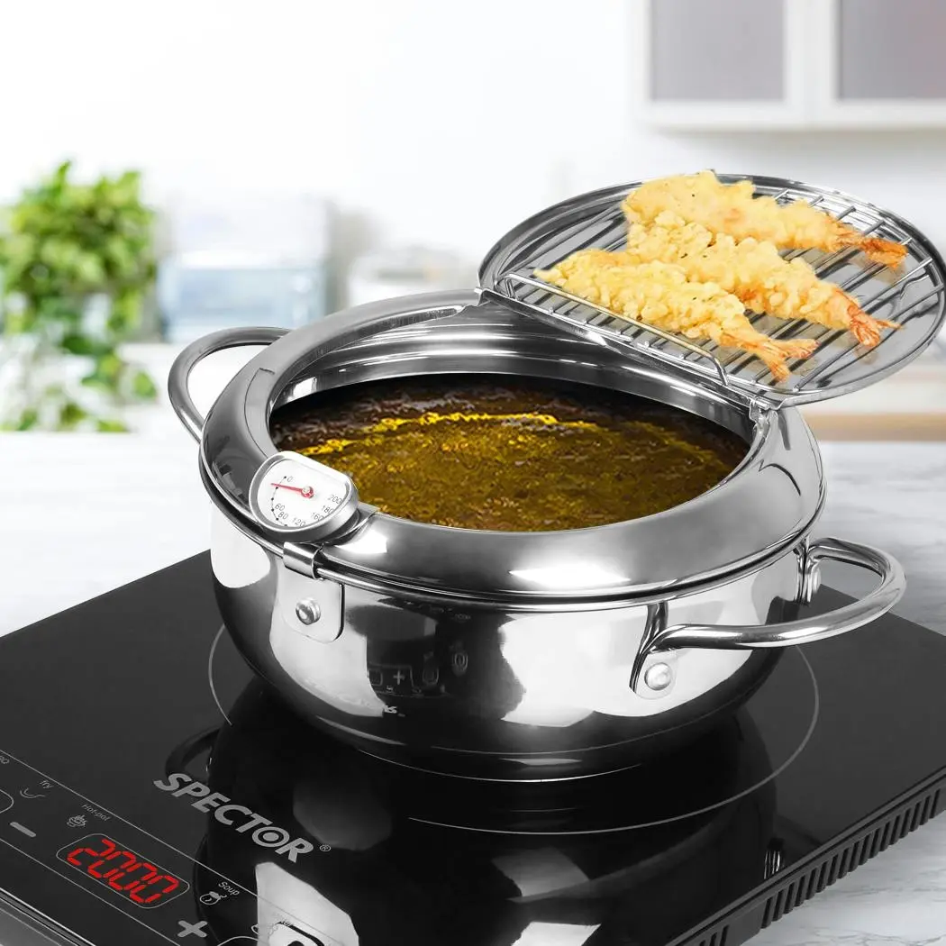 Toque 24cm Japanese Deep Frying Pan Pot Thermometer Kitchen Tempura Fryer Silver - Home & Garden
