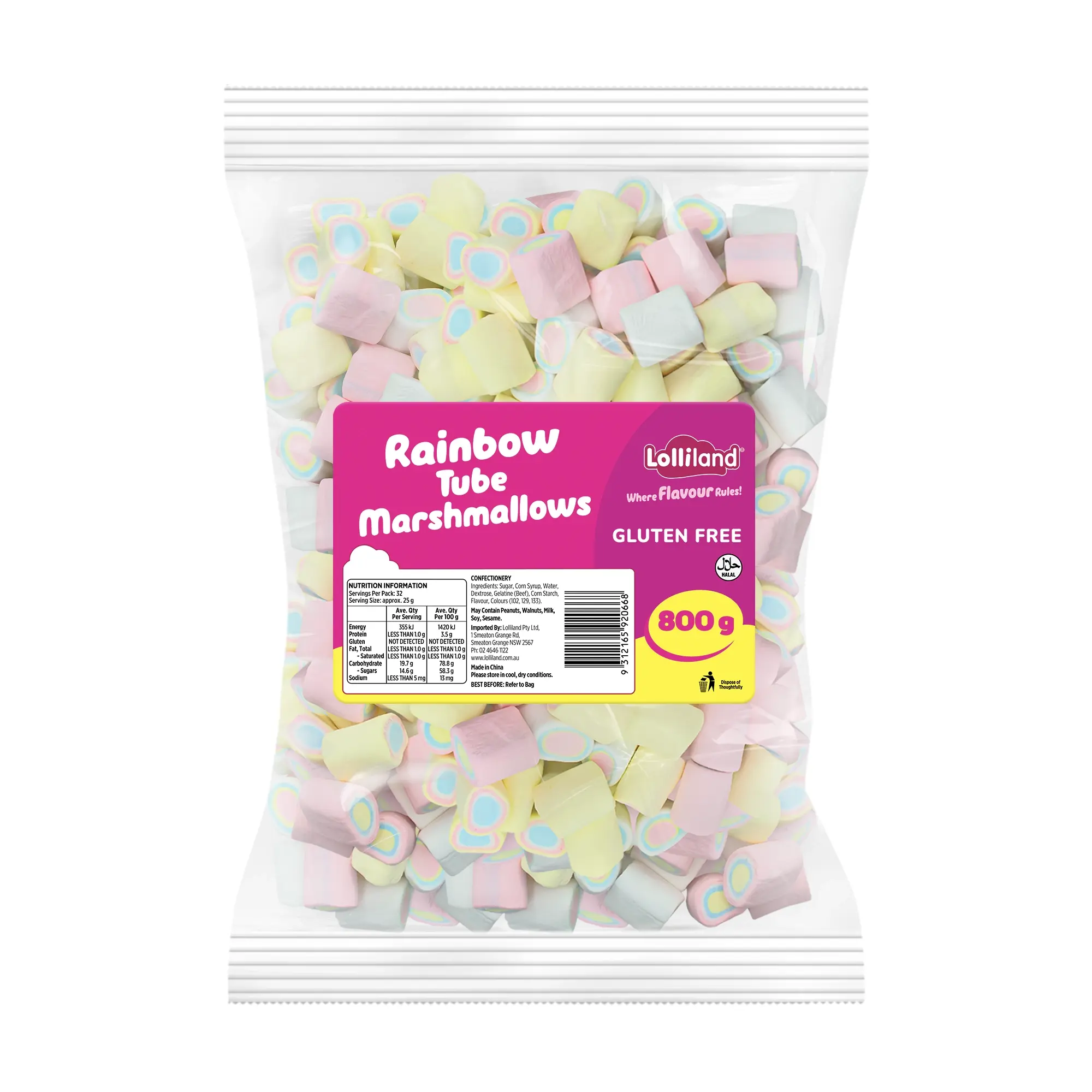 Rainbow Tube Marshmallows 800g - Groceries