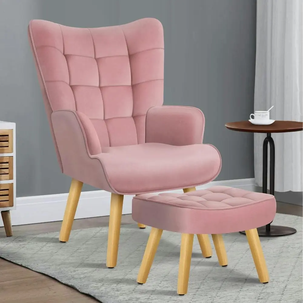 Alfordson Wooden Armchair Accent Chair Ottoman Velvet Pink - Over 40% off Living Room Furniture