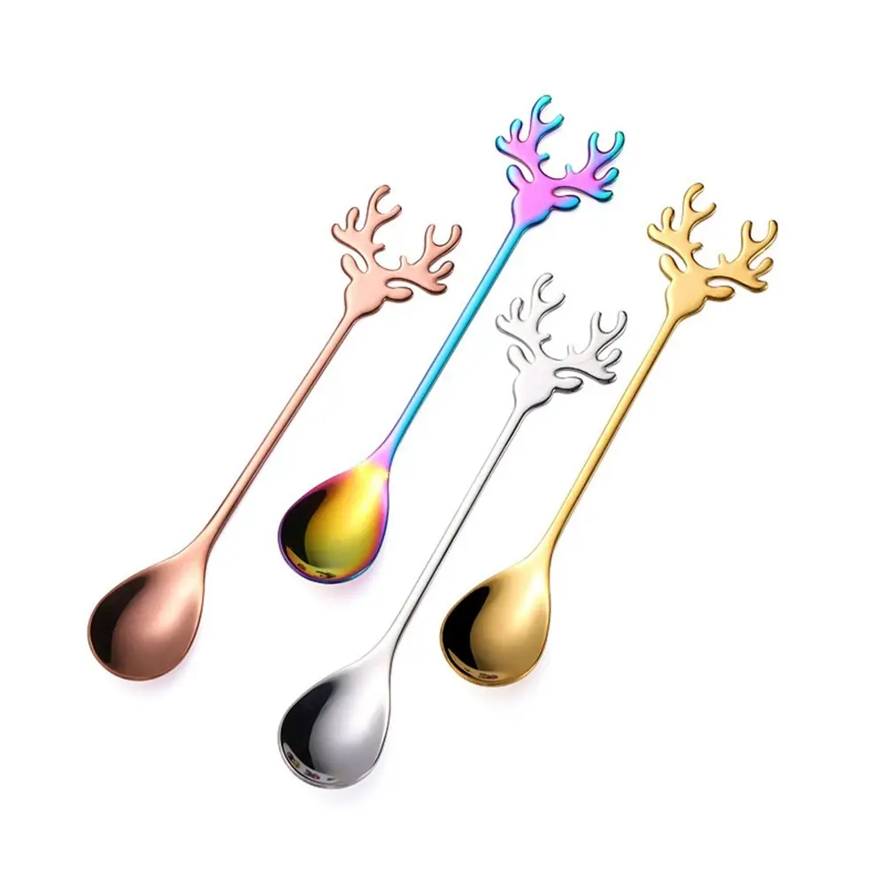 4Pcs 304 Stainless Steel Stirring Spoon Christmas Elk Coffee Dessert Spoon - Home & Garden