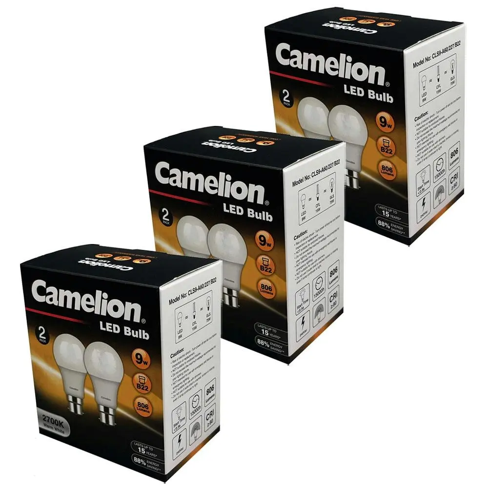 6pc Camelion LED Light Bulb B22 9W 240V 2700K Bayonet 806 Lumen Globe Warm White - Home & Garden