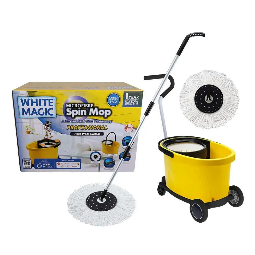 White Magic Professional Microfibre Spin Mop Set Hand Press System Floor Cleaner - Supermarket Specials