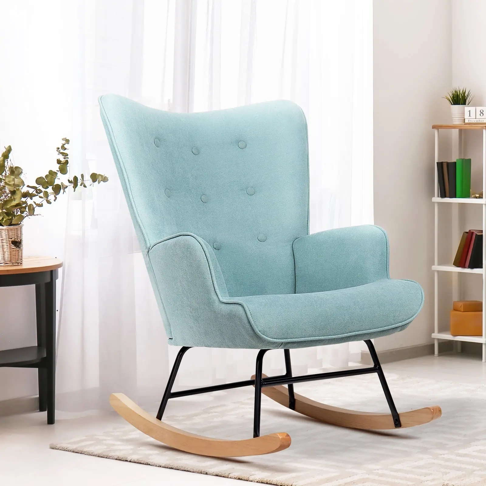 Oikiture Rocking Chair Accent Armchair Linen Upholstered Blue - Furniture