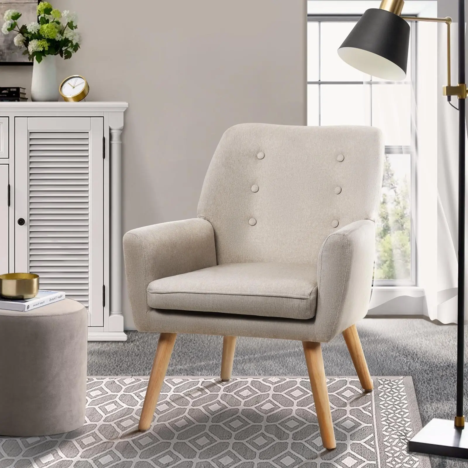 Oikiture Armchair Lounge Chair Linen Accent Armchairs Tub Chairs Sofa Beige - Furniture