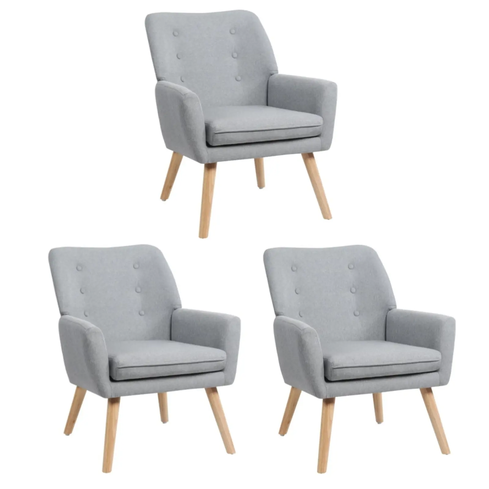 Oikiture 3x Armchair Lounge Chair Linen Accent Armchairs Tub Chairs Sofa Grey - Furniture
