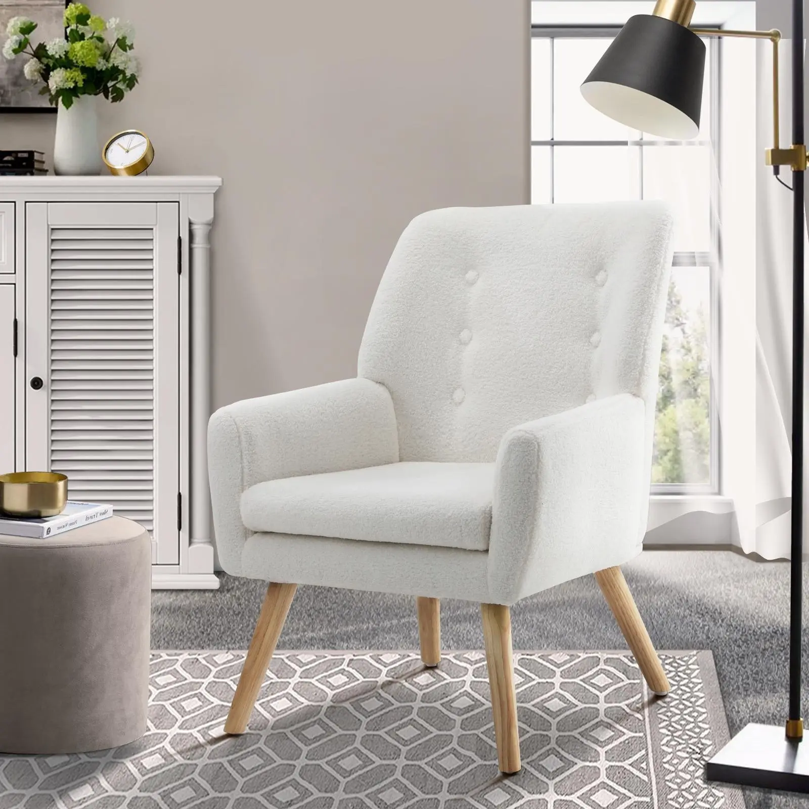Oikiture Armchair Lounge Chair Sherpa Accent Armchairs Tub Chairs Sofa White - Furniture