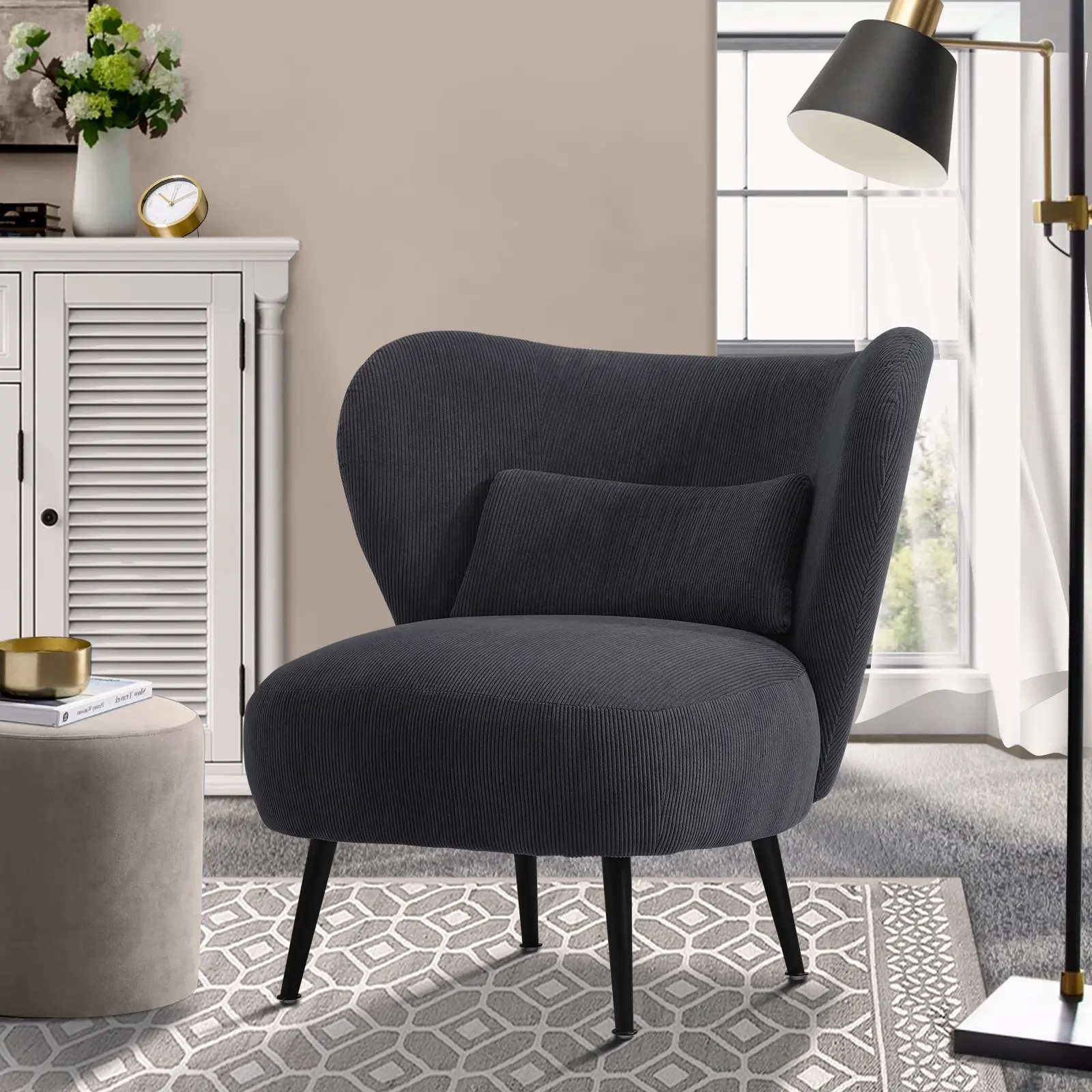 Oikiture Armchair Lounge Chair with Lumbar Pillow Wingback Velvet Charcoal - Over 40% off Living Room Furniture