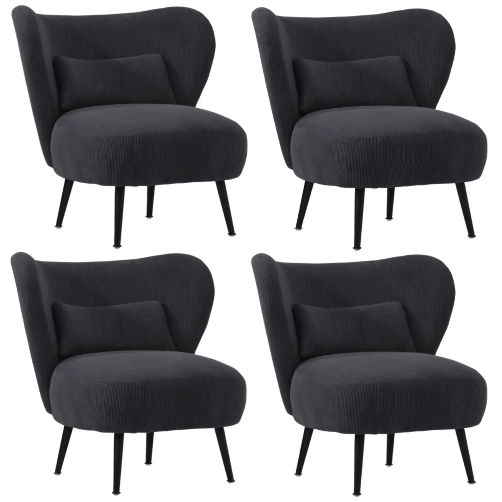 Oikiture 4x Armchair Lounge Chair with Lumbar Pillow Wingback Velvet Charcoal - Furniture