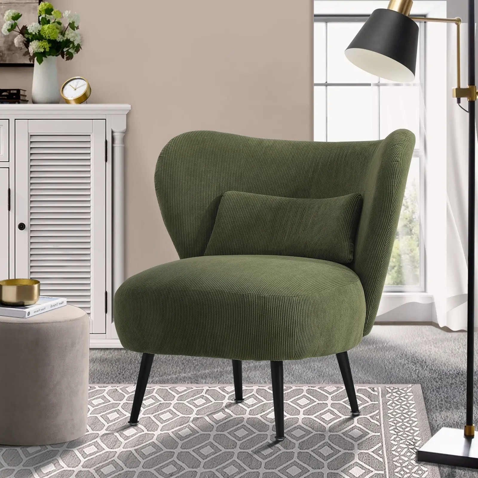 Oikiture Armchair Lounge Chair with Lumbar Pillow Wingback Velvet Green - Over 40% off Living Room Furniture