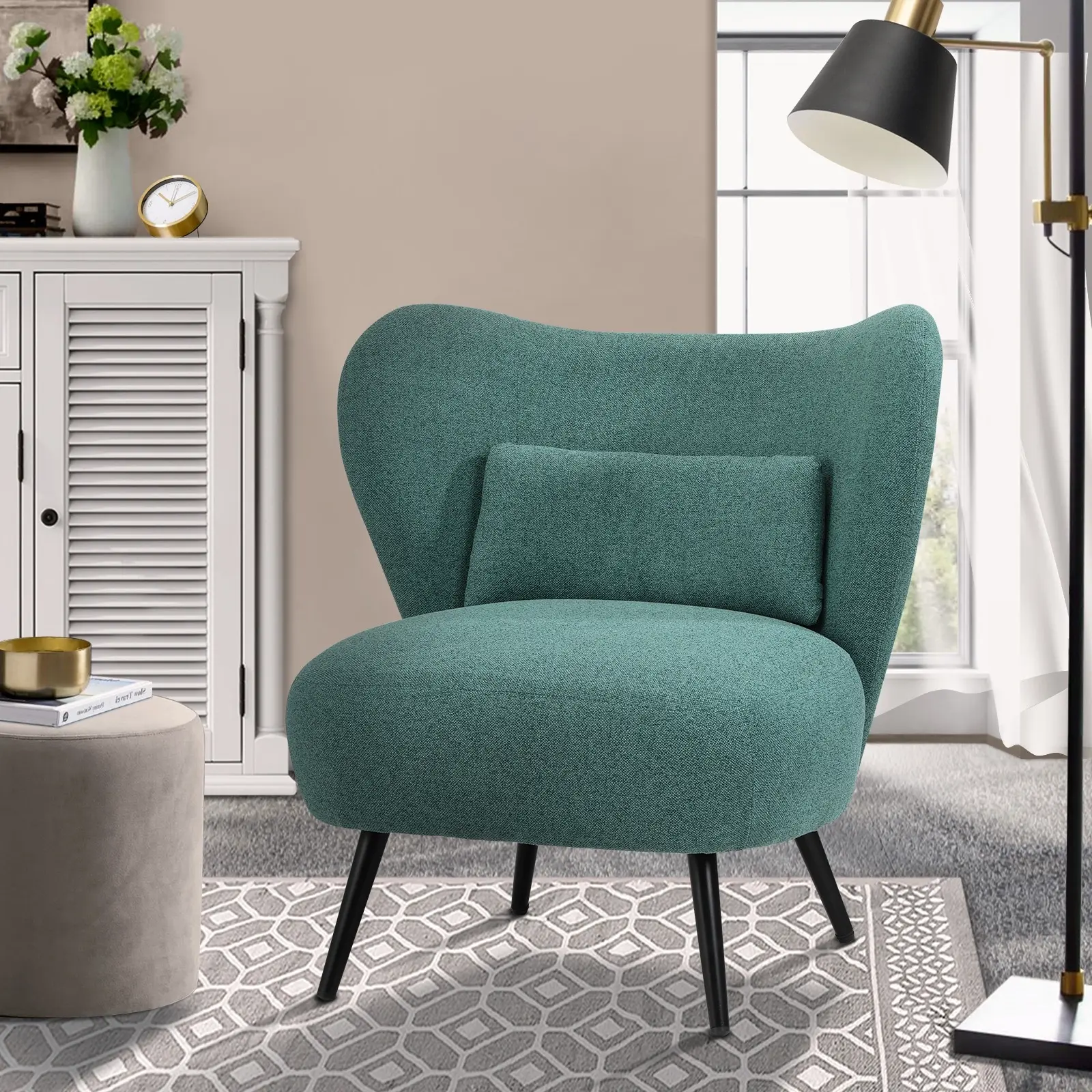 Oikiture Armchair Lounge Chair with Lumbar Pillow Wingback Polyester linen Green - Over 40% off Living Room Furniture