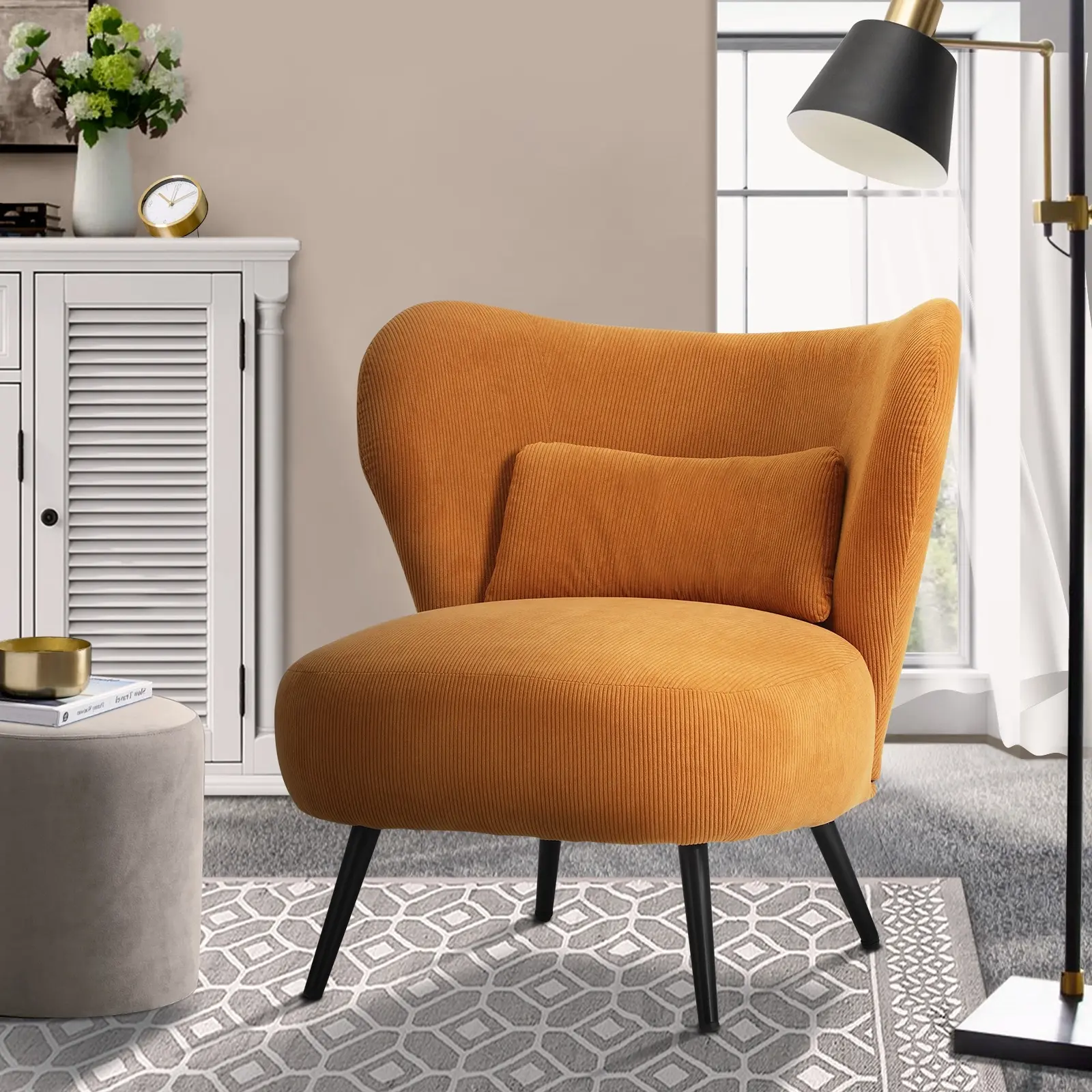 Oikiture Armchair Lounge Chair with Lumbar Pillow Wingback Velvet Orange - Over 40% off Living Room Furniture