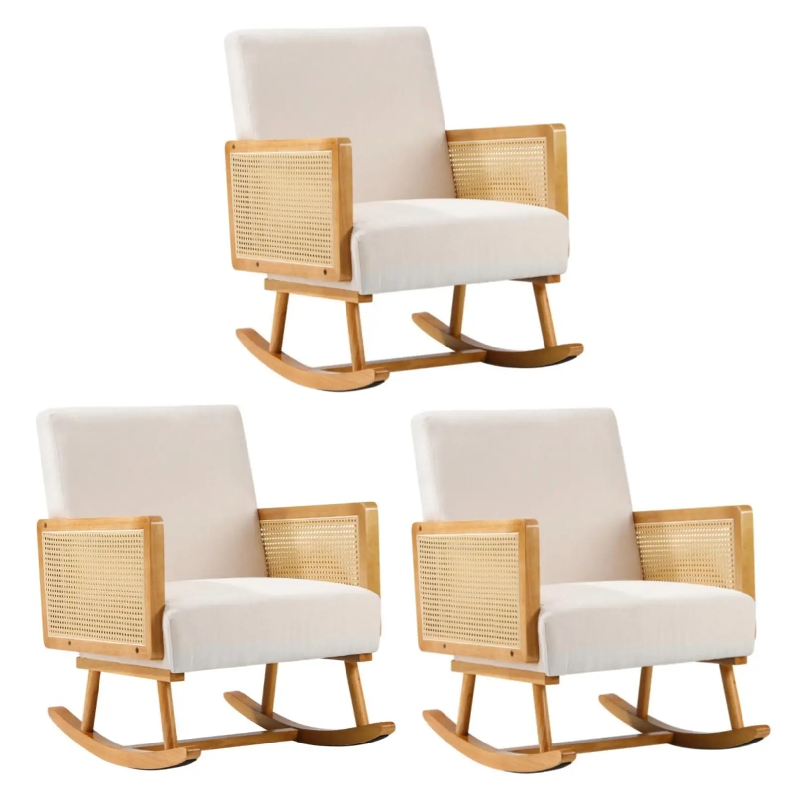 Oikiture 3x Rocking Chair Nursing Armchair Linen Accent Chairs PE Rattan Beige - Furniture