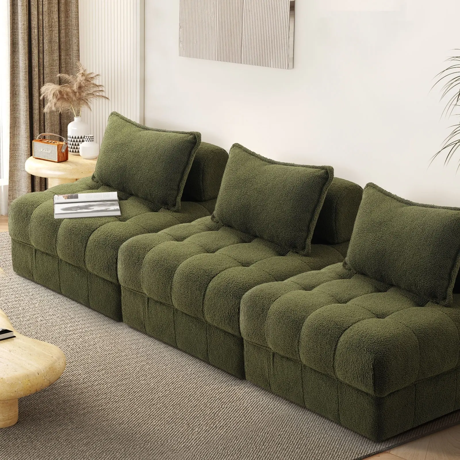 Oikiture 3 Seater Boucle Modular Sofa Lounge Chair Armless TOFU Back Green - Furniture