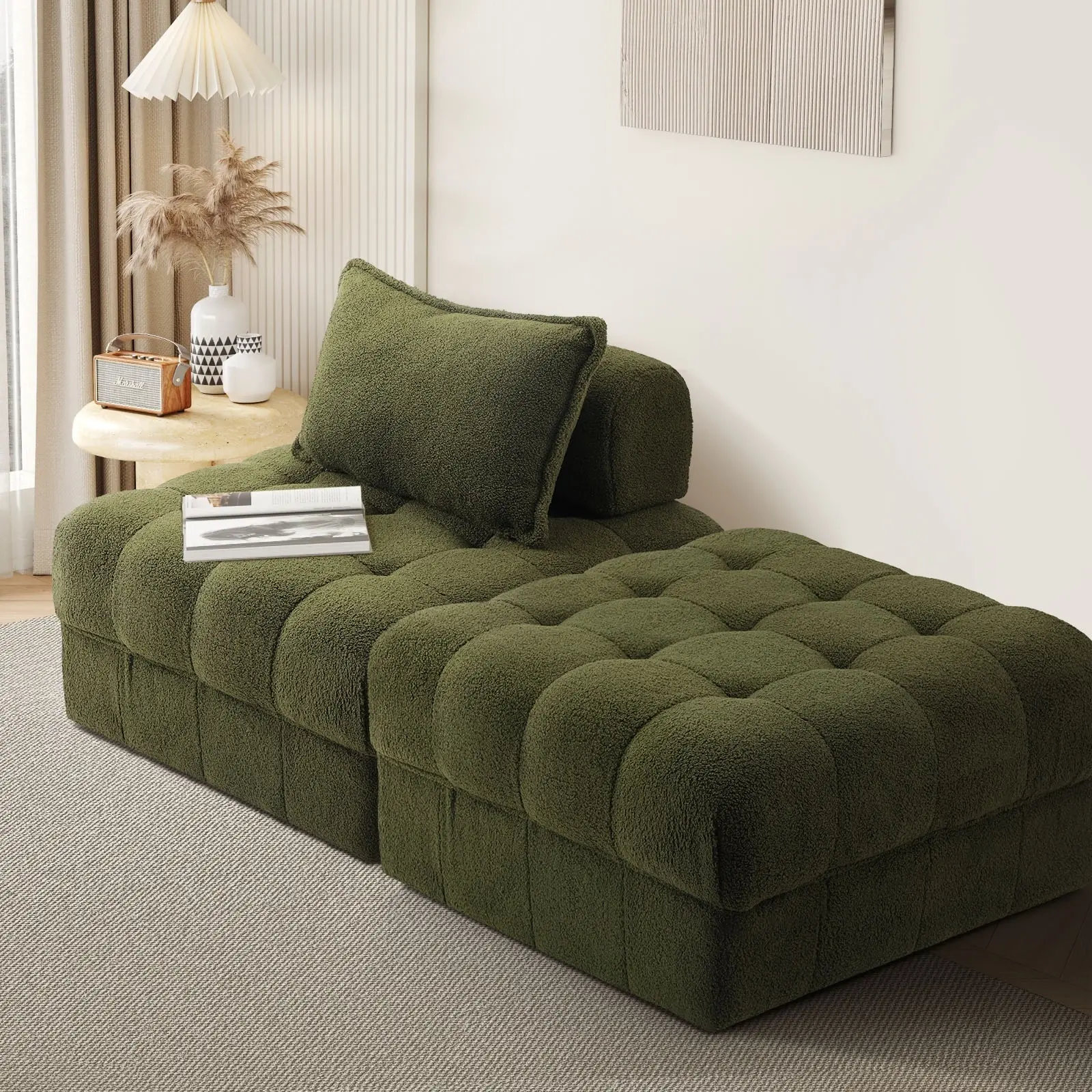 Oikiture 2 Seater Boucle Modular Sofa & Ottoman Set Armless TOFU Back Green - Furniture