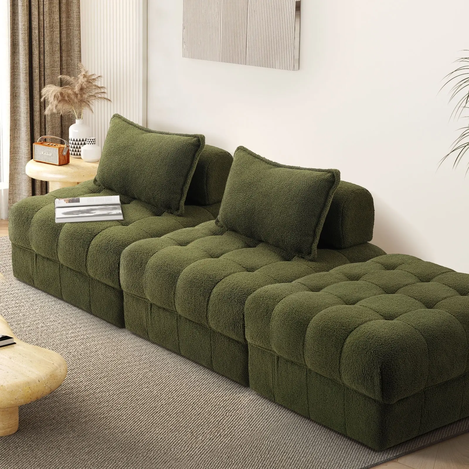 Oikiture 3 Seater Boucle Modular Sofa & Ottoman Set Armless TOFU Back Green - Furniture
