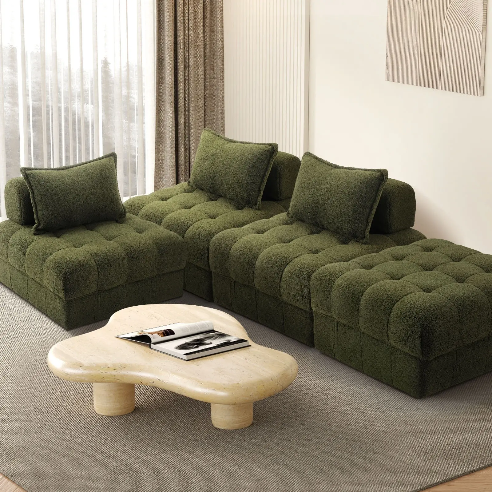 Oikiture 4 Seater Boucle Modular Sofa & Ottoman Set Armless TOFU Back Green - Furniture