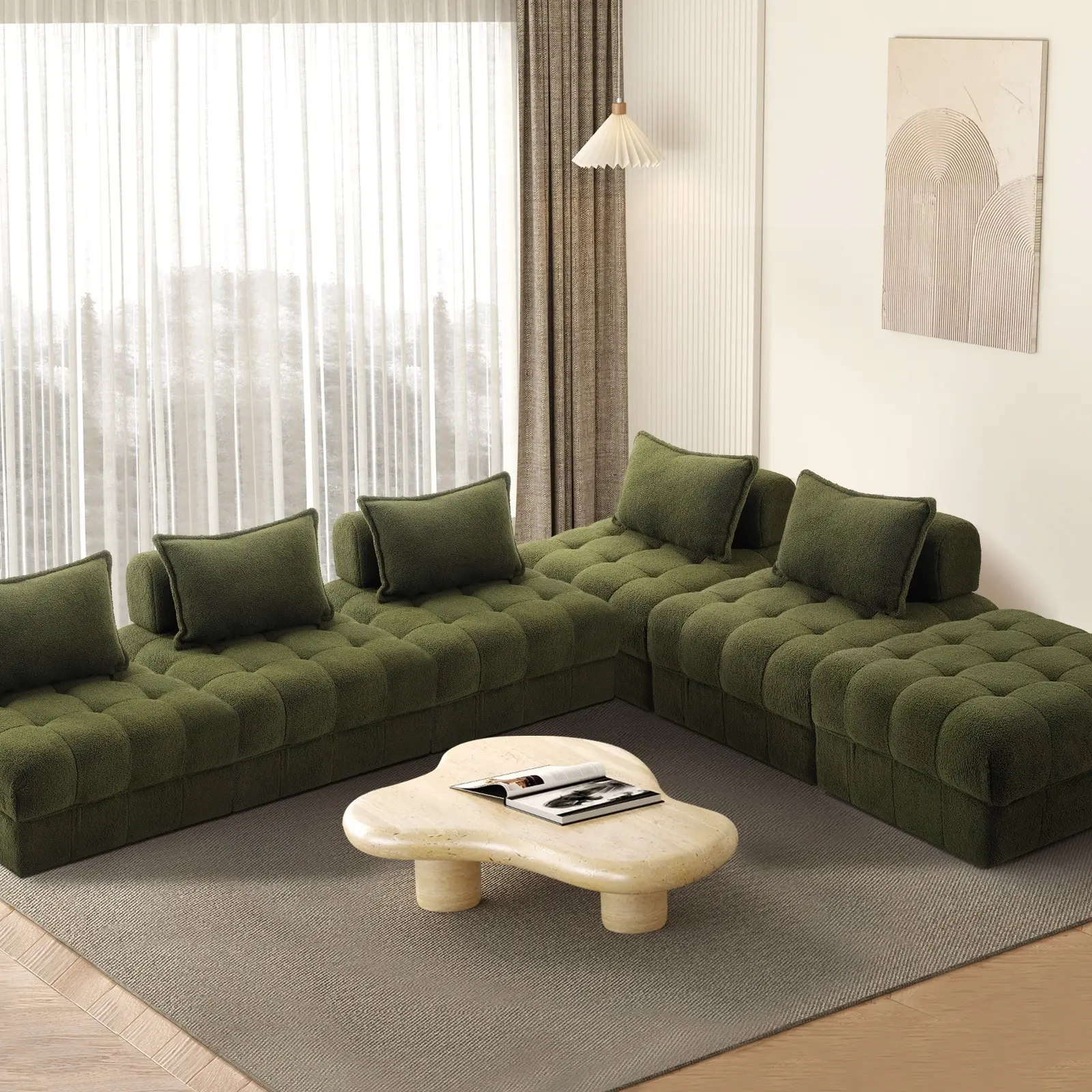 Oikiture 6 Seater Boucle Modular Sofa & Ottoman Set Armless TOFU Back Green - Furniture